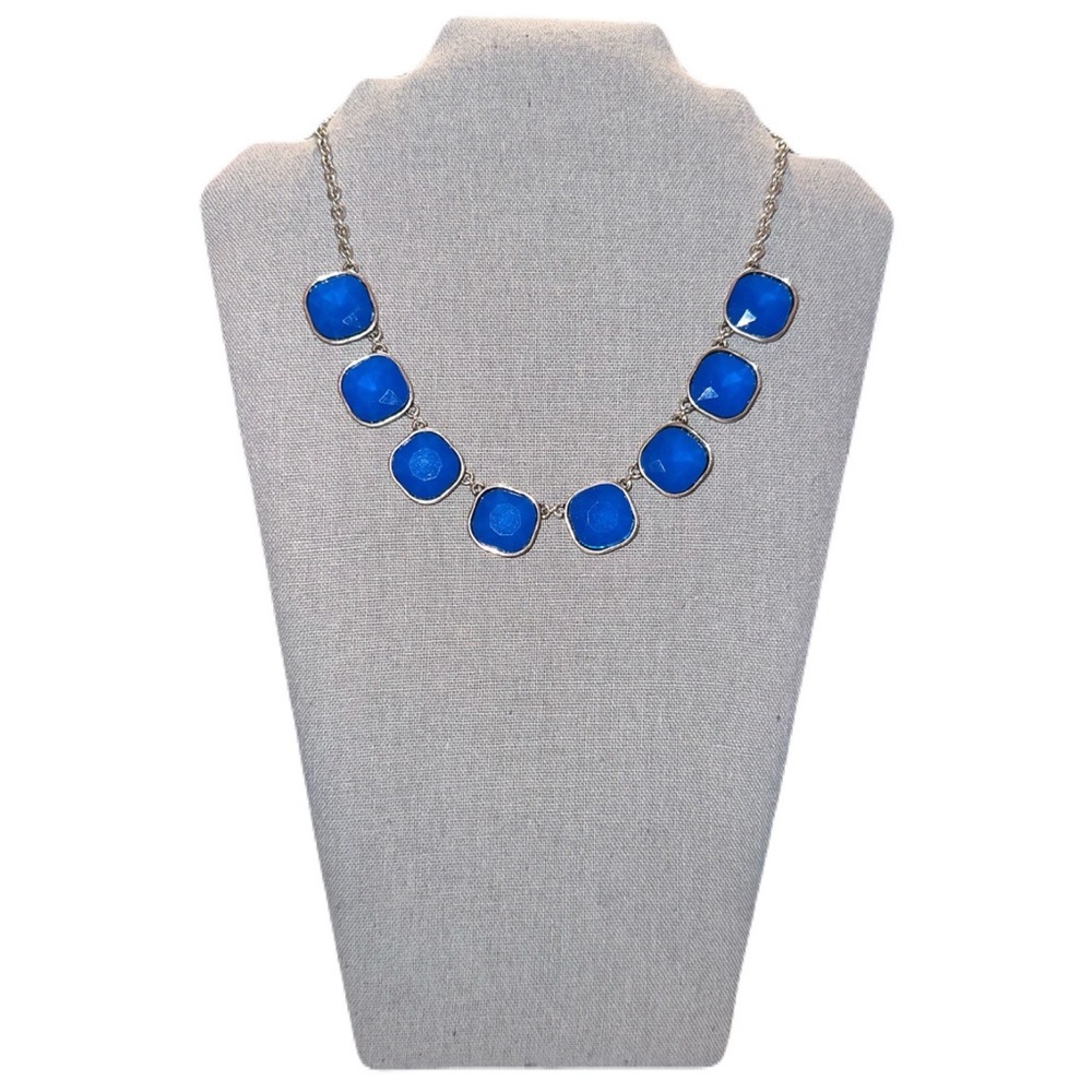 Elegant Bright Blue cushion cut Square rhinestone necklace with a silver chain